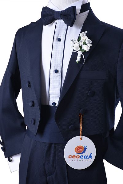 ceocuk Boy's Navy Blue Frock Coat Tuxedo Suit