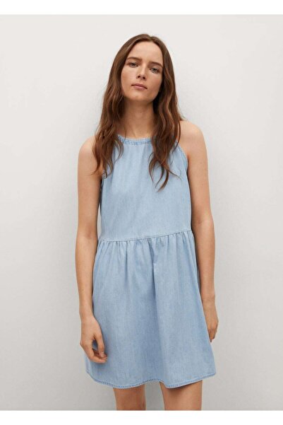 MANGO Woman Γυναικείο φόρεμα από βαμβακερό μπλε βολάν