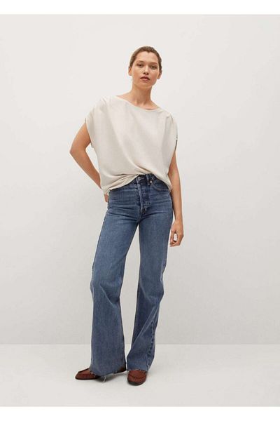 MANGO Woman Graues Damen-T-Shirt mit gerafften Schultern