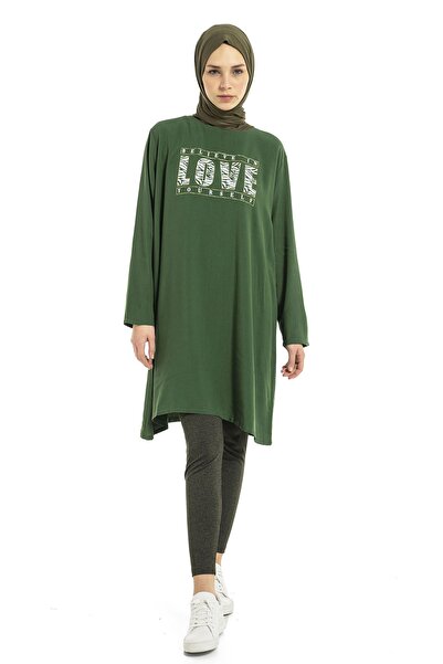 VISHENKA تونيك حجاب فسكوز أخضر اللون مطبوع عليه Love للنساء