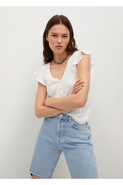MANGO Woman Tricou alb din bumbac cu volane pentru femei