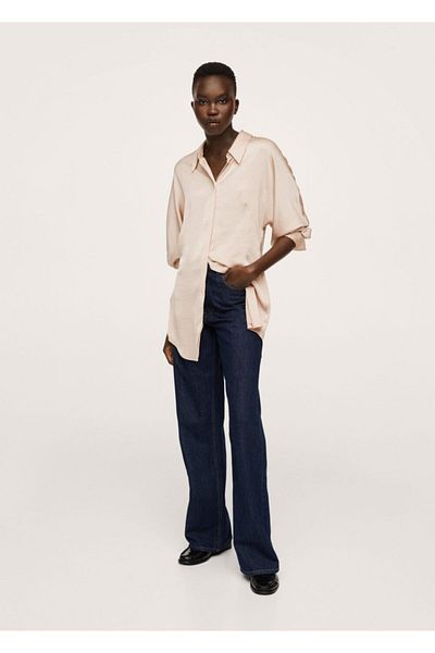 MANGO Woman Cămașă cu suprafață fluidă din satin roz pastel pentru femei