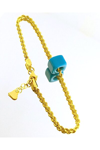 VeraDesignGold 14 Ayar Altın Halat Bileklik, Mavi Boncuklu Altın Bileklik, Ay...