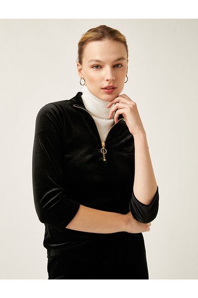 Koton Tricou din catifea cu jumătate de fermoar cu mânecă lungă