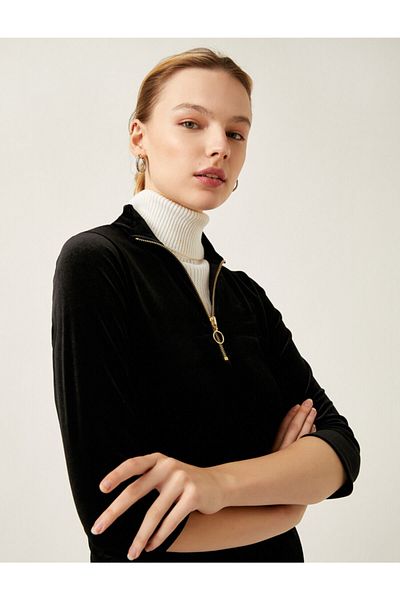 Koton Tricou din catifea cu jumătate de fermoar cu mânecă lungă