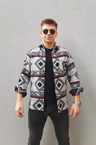 PUMP BUTİK Unisex Gri Siyah Tek Cepli Etnik Desen Oduncu Gömlek