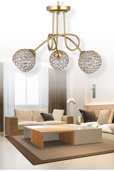 polataydinlatma Silim 3 Lü Lüx Taşlı Şapkalı Avize (gold)