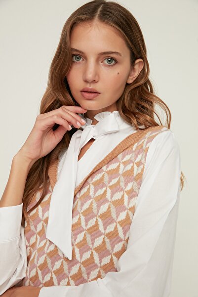 Trendyol Collection Úpletové minišaty Camel - Košile Garni Detailed Twoaw22Sv0122