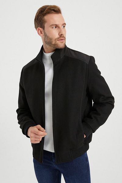 DYNAMO Men's Black Wool Blended Comfortable Fit Stamp Coat