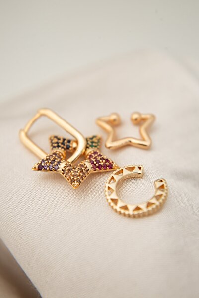 Elika Silver Kadın Halka Ve Renkli Taşlı Yıldız küpe Model Küpe Set