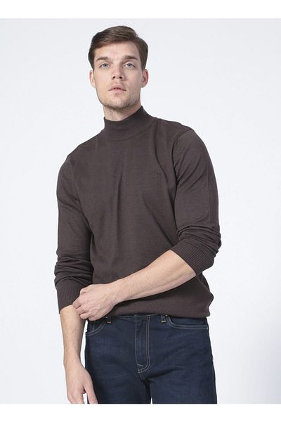 Fabrika Half Fisherman Basic Plain Brown Melange Men's Sweater