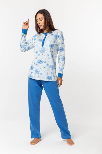 Nur Aka by Nurteks Blue Collar Placket Floral Winter Plus Size Pajama Set