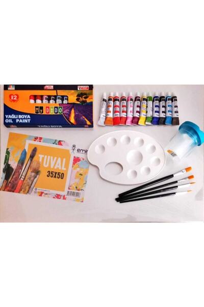 inci paketi 35 X 50 Tuval 12 Li Akrilik Boya 4 Lü Fırça Seti Palet Ve Su Kabı