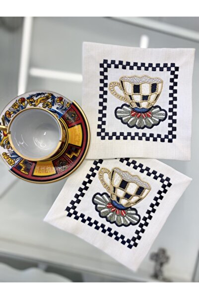 cantasarım ev tekstili 2’li Dama Fincan Nakışlı Keten Parti Peçete&sunumluk