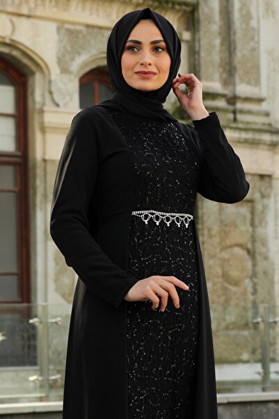 Feiza Collection Payet Detaylı Tesettür Abiye Elbise - Siyah