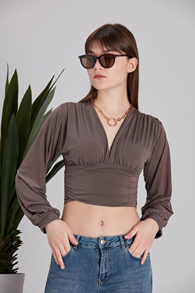 Kadın Kahverengi V Yaka Jarse Crop Bluz