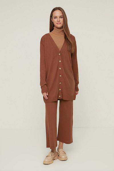 Trendyol Modest Cinnamon V-Neck Button Detailed Long Cardigan-Pants Knitwear Suit TCTAW22US0131