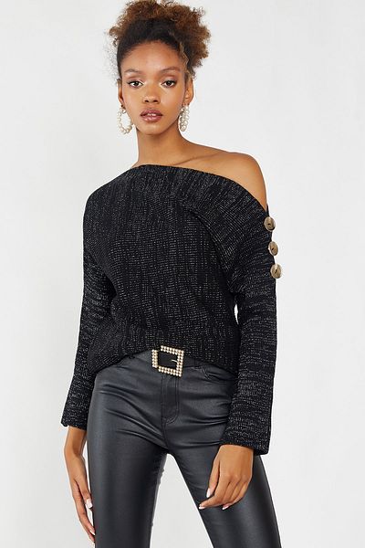 Hopoi Γυναικεία Μαύρη Ασημένια Μπλούζα Off Shoulder Cck18010