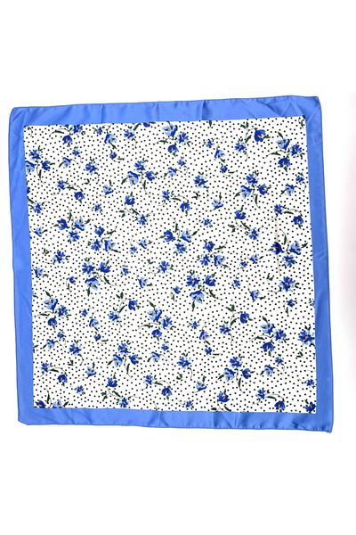 nazipek Eșarfă Bandana din Satin 50x50cm Crem Bleumarin Motiv Floral de Înaltă Calitate