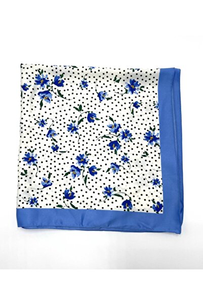 nazipek Saten Bandana Fular 50x50cm Krem Lacivert Yüksek Kalite Çiçek Desenli