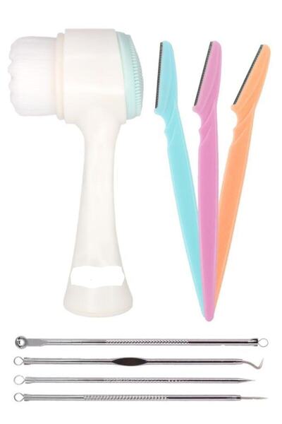 Vi Caro 3'lü Bakım Seti 3'lü Kaş Usturası + Yüz Temizleme Fırçası + 4'lü Siya...