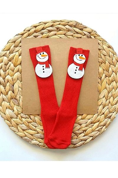 Asa Bebek Çocuk Baby Girl Snowman Felted New Year's Stockings Red Knee-Fit New Year's Socks