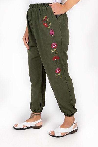 ÇIKRIKÇI TEKSTİL ŞİLE BEZİ Şile Cloth Embroidered Trousers Khaki