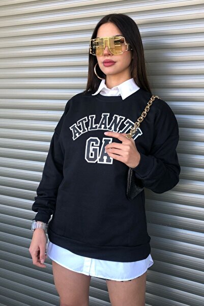 MODAGEN Γυναικείο φούτερ με λαιμόκοψη μαύρο και άσπρο Atlanta με στάμπα oversize