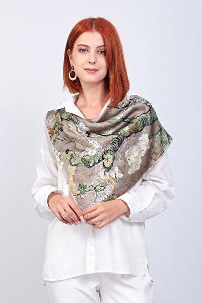 Nomads Felt %100 Ipek Bej Kare Fular |van Gogh Badem Ağacı | 90 Cm