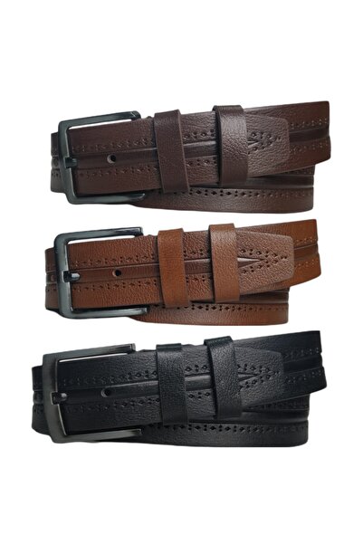 Kar-Pa 100% Genuine Leather Set of 3 Patterned Jeans Belt 4.5cm: Black-brown-tan