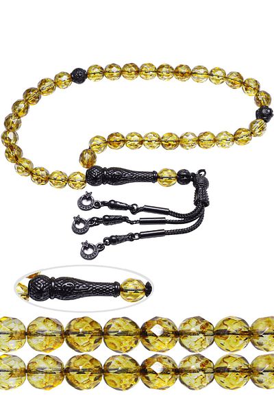 Tesbih Atölyesi Natural Yellow Quartz Stone Prayer Beads with Certified Black Nickel Tassels