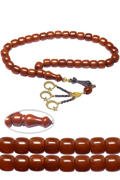 Tesbih Atölyesi Dark Apricot Colored Squeezed Amber Prayer Beads