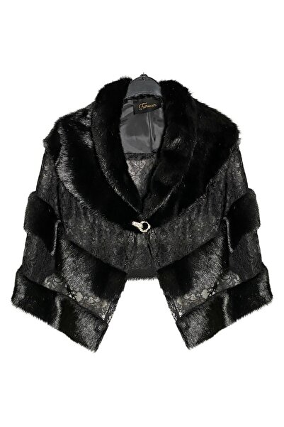 FUREVER FASHION Vizon Kürk Dantelli Taşlı Bolero