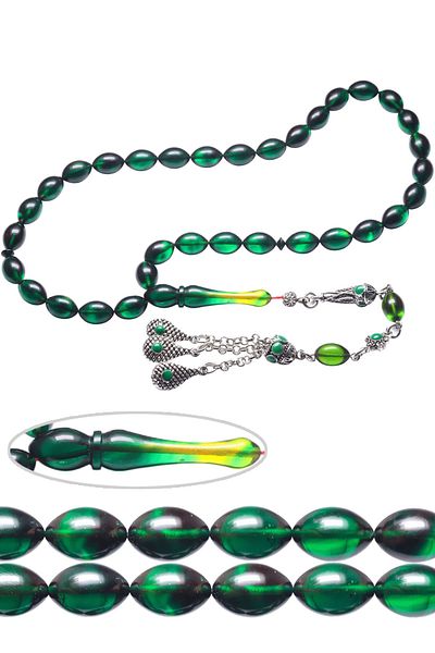 Tesbih Atölyesi Certified Black Green Color Aleppo Tassel Fire Amber Rosary