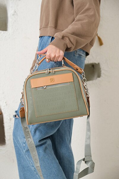 Just Polo حقيبة كتف نباتية نسائية ذات لون أخضر داكن منقوشة بشعار ماكينة الحلاقة وسحاب ينتهي نباتية