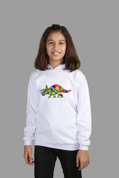 Raf Coll Hanorac alb pentru copii cu glugă - colorat, imprimat digital, cu două fire de ridicare