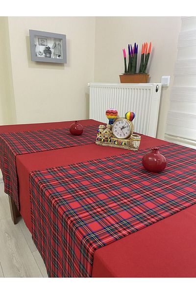 Zeren Home New Year's Red Plaid Tablecloth and Runner Set
