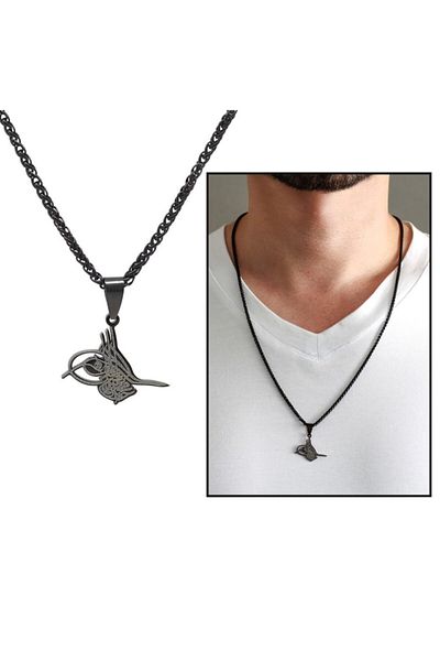 Tesbihane Tuğra Design Black Color Steel Men's Necklace