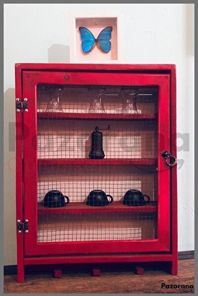 Pazarana Ahşap Özel Üretim El Işçiliği Masif Ahşap Çam Ağacı Tel Dolap 50* 65 *10 Cm Kırmızı Renk