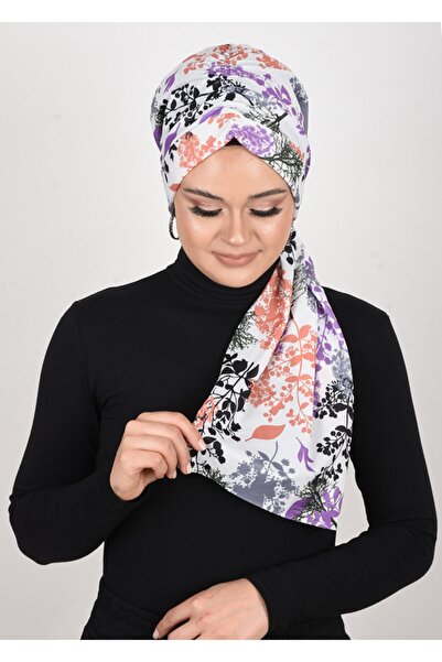 OykumBone Țesătură de nisip cu modele de flori colorate pe alb Lycra gata de șal-eșarfă-boneta