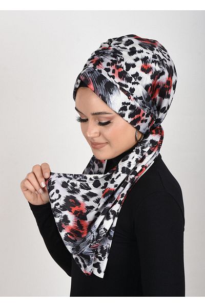 OykumBone Red Leopard Print Sandy Fabric Lycra Premade Shawl-Scarf-Bone