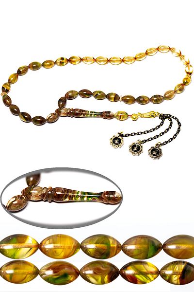Tesbih Atölyesi Certified Green Transparent Color Beam Squeezed Amber Prayer Beads