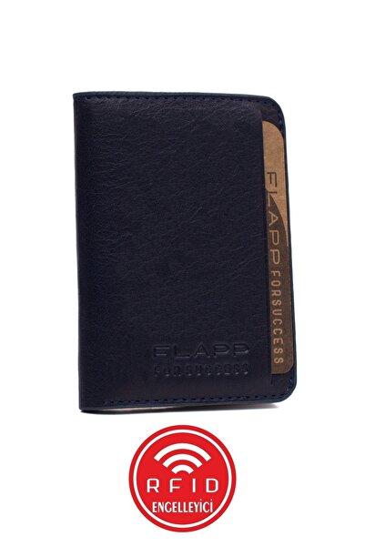 Flapp Hakiki Deri Lacivert Rfıd Engelleyici Korumalı Mini Cüzdan Kartlık