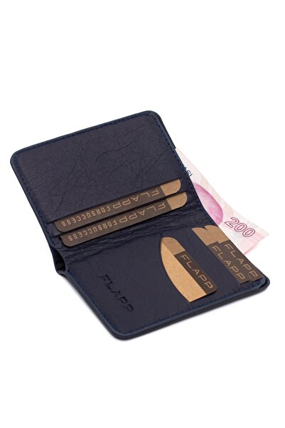 Flapp Hakiki Deri Lacivert Rfıd Engelleyici Korumalı Mini Cüzdan Kartlık