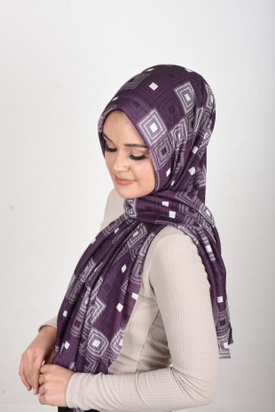 OykumBone Purple-white Geometric Patterned Plseli Lycra Hijab Ready Shawl-scarf
