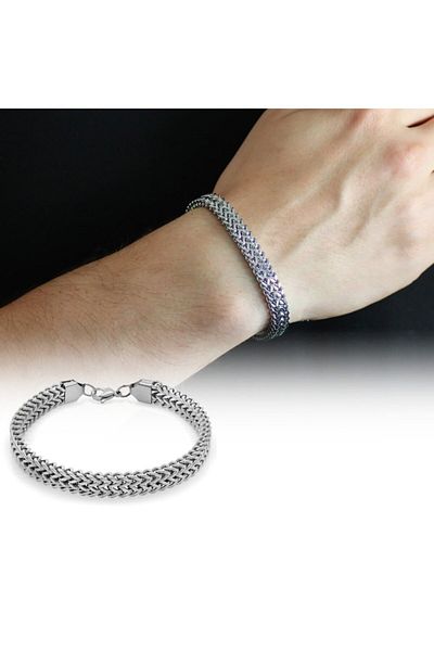 Tesbihane Double Row Silver Color Steel Men's Spiga Bracelet