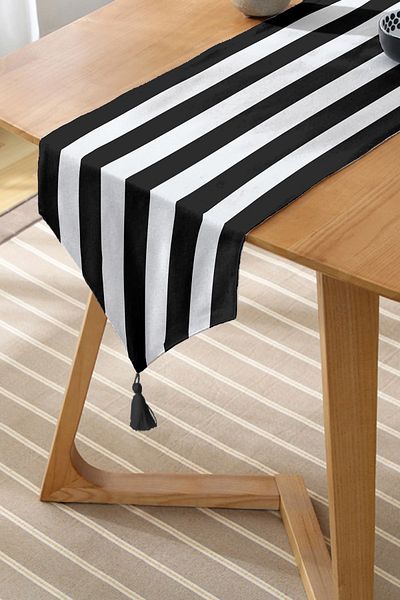 Realhomes Triangle Runner - Black and White Stripes and Tassels