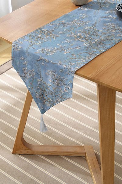 Realhomes Oil Paint Blue Tree Motifs Digital Printed Tasseled Chenille Triangle Runner