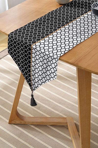 Realhomes Black & White Ogea Patterned Digital Printed Decorative Tasseled Chenille Triangle Runner