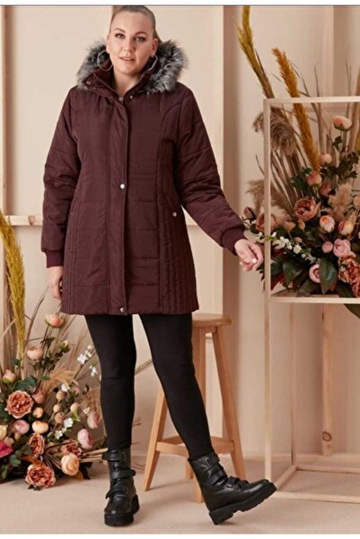 RMG Büyük Beden Kapşonlu Bordo Kaban